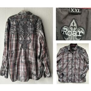 Roar Shirt Western Rodeo Cowboy Rock Button Up XXL Embroidery Long Sleeve Plaid